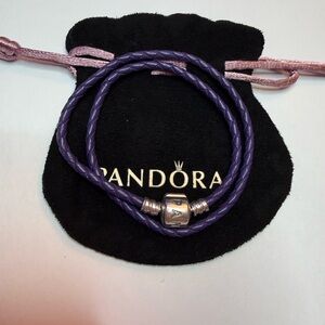 Pandora Purple Double Wrap Leather Braided 925 Silver Bracelet 17 cm